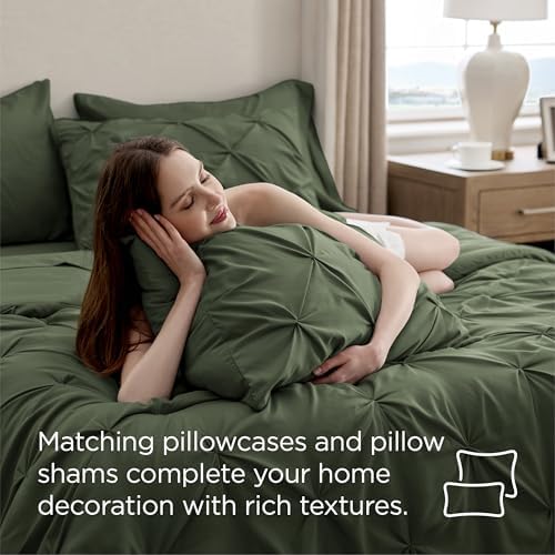 Bedsure Queen Comforter Set Baby Pea Green   Bed in a Bag Queen Size Bedding 7 Pieces  GentleSoft  Pintuck Bed Set Gift for Family  Pinch Pleat All Season Comforter with Sheets  Pillowcases & Shams