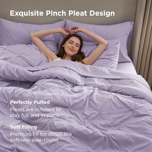 Bedsure Queen Comforter Set Baby Pea Green   Bed in a Bag Queen Size Bedding 7 Pieces  GentleSoft  Pintuck Bed Set Gift for Family  Pinch Pleat All Season Comforter with Sheets  Pillowcases & Shams