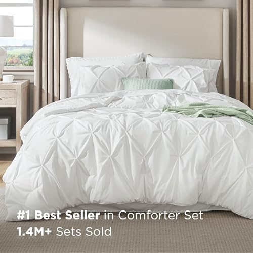 Bedsure Queen Comforter Set Baby Pea Green   Bed in a Bag Queen Size Bedding 7 Pieces  GentleSoft  Pintuck Bed Set Gift for Family  Pinch Pleat All Season Comforter with Sheets  Pillowcases & Shams