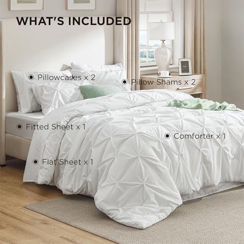 Bedsure Queen Comforter Set Baby Pea Green   Bed in a Bag Queen Size Bedding 7 Pieces  GentleSoft  Pintuck Bed Set Gift for Family  Pinch Pleat All Season Comforter with Sheets  Pillowcases & Shams