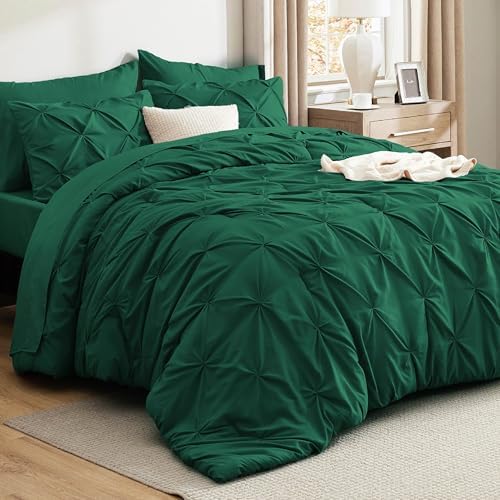 Bedsure Queen Comforter Set Baby Pea Green   Bed in a Bag Queen Size Bedding 7 Pieces  GentleSoft  Pintuck Bed Set Gift for Family  Pinch Pleat All Season Comforter with Sheets  Pillowcases & Shams