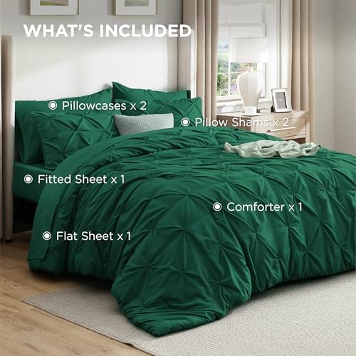 Bedsure Queen Comforter Set Baby Pea Green   Bed in a Bag Queen Size Bedding 7 Pieces  GentleSoft  Pintuck Bed Set Gift for Family  Pinch Pleat All Season Comforter with Sheets  Pillowcases & Shams