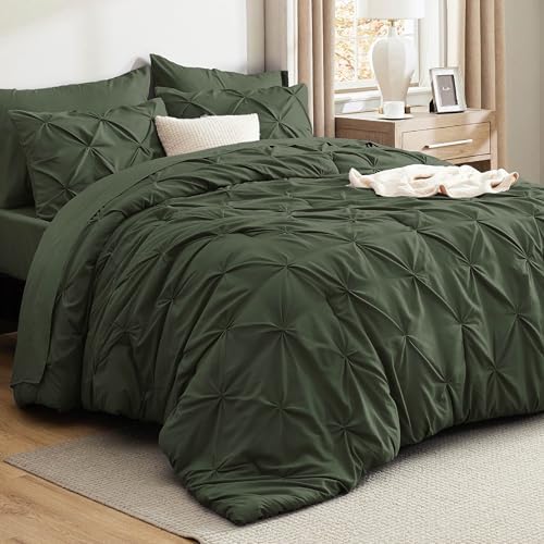 Bedsure Queen Comforter Set Baby Pea Green   Bed in a Bag Queen Size Bedding 7 Pieces  GentleSoft  Pintuck Bed Set Gift for Family  Pinch Pleat All Season Comforter with Sheets  Pillowcases & Shams