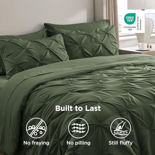 Bedsure Queen Comforter Set Baby Pea Green   Bed in a Bag Queen Size Bedding 7 Pieces  GentleSoft  Pintuck Bed Set Gift for Family  Pinch Pleat All Season Comforter with Sheets  Pillowcases & Shams