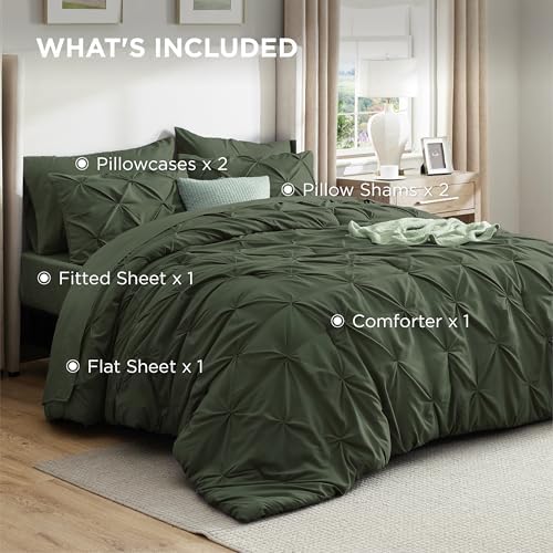 Bedsure Queen Comforter Set Baby Pea Green   Bed in a Bag Queen Size Bedding 7 Pieces  GentleSoft  Pintuck Bed Set Gift for Family  Pinch Pleat All Season Comforter with Sheets  Pillowcases & Shams