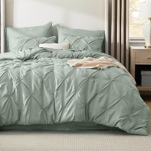 Bedsure Queen Comforter Set Baby Pea Green   Bed in a Bag Queen Size Bedding 7 Pieces  GentleSoft  Pintuck Bed Set Gift for Family  Pinch Pleat All Season Comforter with Sheets  Pillowcases & Shams