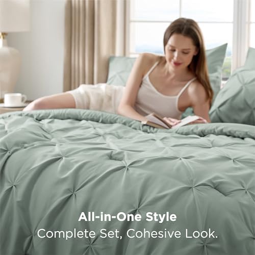 Bedsure Queen Comforter Set Baby Pea Green   Bed in a Bag Queen Size Bedding 7 Pieces  GentleSoft  Pintuck Bed Set Gift for Family  Pinch Pleat All Season Comforter with Sheets  Pillowcases & Shams