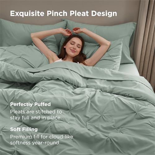 Bedsure Queen Comforter Set Baby Pea Green   Bed in a Bag Queen Size Bedding 7 Pieces  GentleSoft  Pintuck Bed Set Gift for Family  Pinch Pleat All Season Comforter with Sheets  Pillowcases & Shams