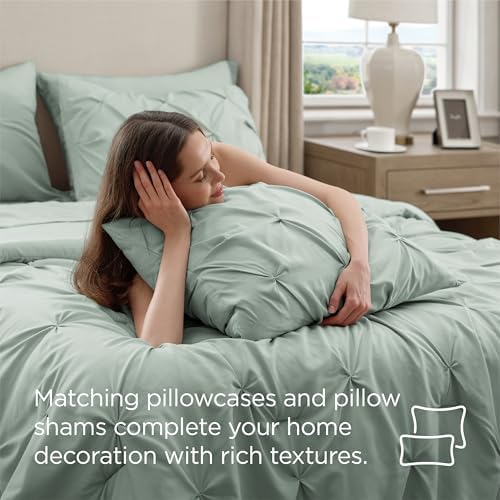Bedsure Queen Comforter Set Baby Pea Green   Bed in a Bag Queen Size Bedding 7 Pieces  GentleSoft  Pintuck Bed Set Gift for Family  Pinch Pleat All Season Comforter with Sheets  Pillowcases & Shams