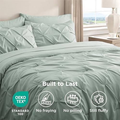 Bedsure Queen Comforter Set Baby Pea Green   Bed in a Bag Queen Size Bedding 7 Pieces  GentleSoft  Pintuck Bed Set Gift for Family  Pinch Pleat All Season Comforter with Sheets  Pillowcases & Shams