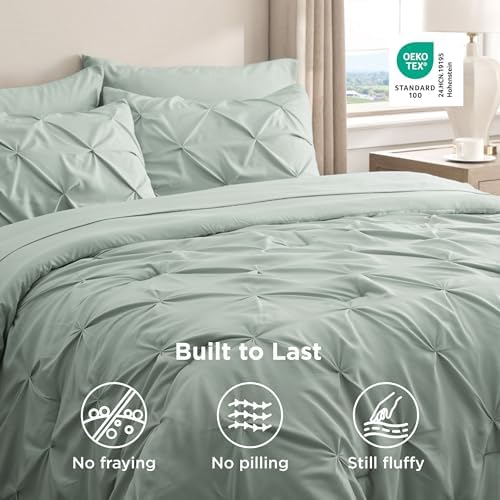 Bedsure Queen Comforter Set Baby Pea Green   Bed in a Bag Queen Size Bedding 7 Pieces  GentleSoft  Pintuck Bed Set Gift for Family  Pinch Pleat All Season Comforter with Sheets  Pillowcases & Shams