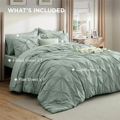 Bedsure Queen Comforter Set Baby Pea Green   Bed in a Bag Queen Size Bedding 7 Pieces  GentleSoft  Pintuck Bed Set Gift for Family  Pinch Pleat All Season Comforter with Sheets  Pillowcases & Shams