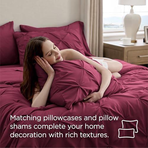 Bedsure Queen Comforter Set Baby Pea Green   Bed in a Bag Queen Size Bedding 7 Pieces  GentleSoft  Pintuck Bed Set Gift for Family  Pinch Pleat All Season Comforter with Sheets  Pillowcases & Shams