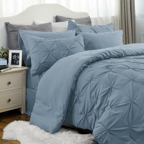 Bedsure Queen Comforter Set Baby Pea Green   Bed in a Bag Queen Size Bedding 7 Pieces  GentleSoft  Pintuck Bed Set Gift for Family  Pinch Pleat All Season Comforter with Sheets  Pillowcases & Shams