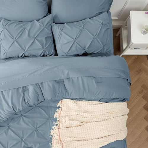 Bedsure Queen Comforter Set Baby Pea Green   Bed in a Bag Queen Size Bedding 7 Pieces  GentleSoft  Pintuck Bed Set Gift for Family  Pinch Pleat All Season Comforter with Sheets  Pillowcases & Shams