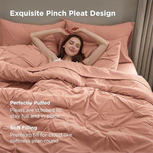 Bedsure Queen Comforter Set Baby Pea Green   Bed in a Bag Queen Size Bedding 7 Pieces  GentleSoft  Pintuck Bed Set Gift for Family  Pinch Pleat All Season Comforter with Sheets  Pillowcases & Shams