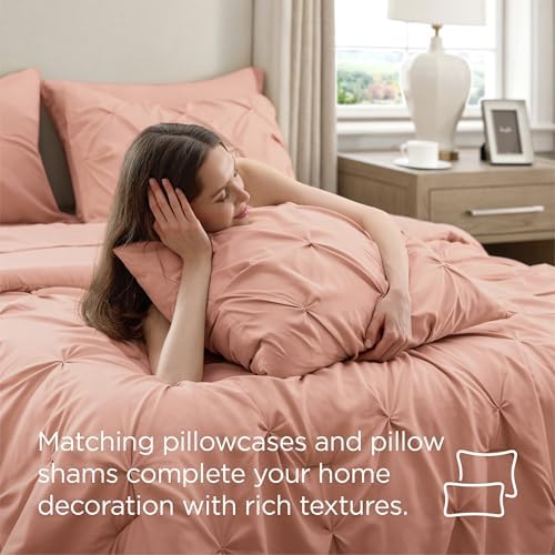 Bedsure Queen Comforter Set Baby Pea Green   Bed in a Bag Queen Size Bedding 7 Pieces  GentleSoft  Pintuck Bed Set Gift for Family  Pinch Pleat All Season Comforter with Sheets  Pillowcases & Shams