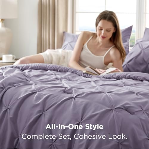 Bedsure Queen Comforter Set Baby Pea Green   Bed in a Bag Queen Size Bedding 7 Pieces  GentleSoft  Pintuck Bed Set Gift for Family  Pinch Pleat All Season Comforter with Sheets  Pillowcases & Shams