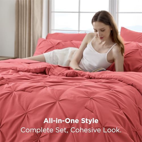 Bedsure Queen Comforter Set Baby Pea Green   Bed in a Bag Queen Size Bedding 7 Pieces  GentleSoft  Pintuck Bed Set Gift for Family  Pinch Pleat All Season Comforter with Sheets  Pillowcases & Shams