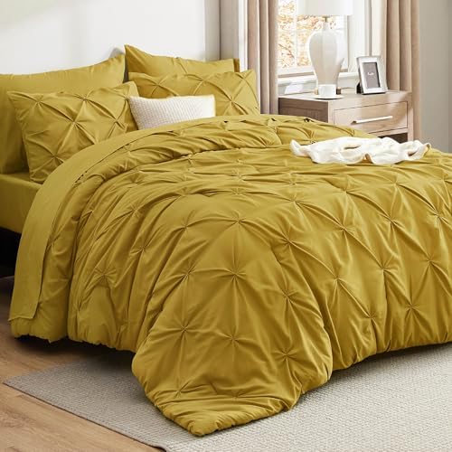 Bedsure Queen Comforter Set Baby Pea Green   Bed in a Bag Queen Size Bedding 7 Pieces  GentleSoft  Pintuck Bed Set Gift for Family  Pinch Pleat All Season Comforter with Sheets  Pillowcases & Shams