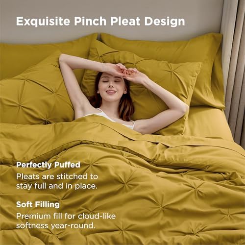Bedsure Queen Comforter Set Baby Pea Green   Bed in a Bag Queen Size Bedding 7 Pieces  GentleSoft  Pintuck Bed Set Gift for Family  Pinch Pleat All Season Comforter with Sheets  Pillowcases & Shams