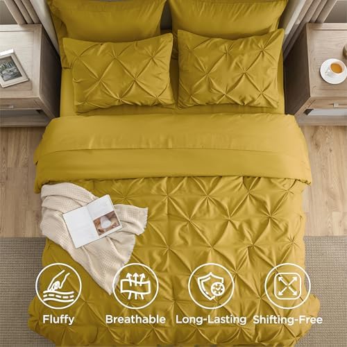 Bedsure Queen Comforter Set Baby Pea Green   Bed in a Bag Queen Size Bedding 7 Pieces  GentleSoft  Pintuck Bed Set Gift for Family  Pinch Pleat All Season Comforter with Sheets  Pillowcases & Shams