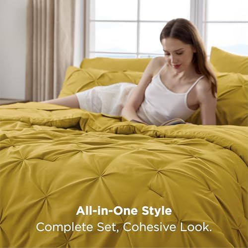 Bedsure Queen Comforter Set Baby Pea Green   Bed in a Bag Queen Size Bedding 7 Pieces  GentleSoft  Pintuck Bed Set Gift for Family  Pinch Pleat All Season Comforter with Sheets  Pillowcases & Shams