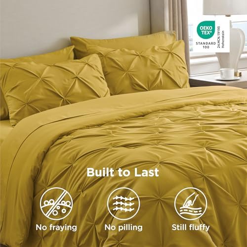 Bedsure Queen Comforter Set Baby Pea Green   Bed in a Bag Queen Size Bedding 7 Pieces  GentleSoft  Pintuck Bed Set Gift for Family  Pinch Pleat All Season Comforter with Sheets  Pillowcases & Shams