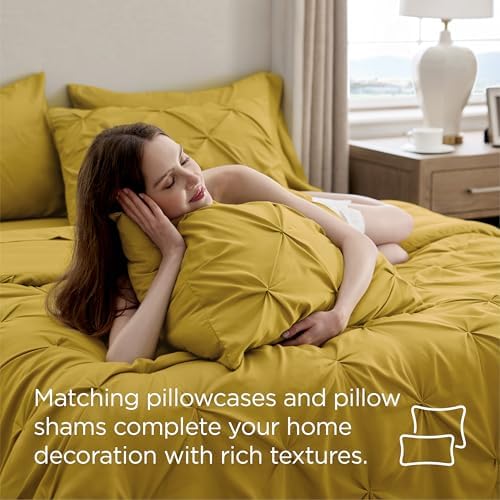 Bedsure Queen Comforter Set Baby Pea Green   Bed in a Bag Queen Size Bedding 7 Pieces  GentleSoft  Pintuck Bed Set Gift for Family  Pinch Pleat All Season Comforter with Sheets  Pillowcases & Shams