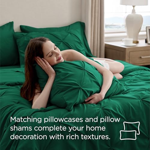 Bedsure Queen Comforter Set Baby Pea Green   Bed in a Bag Queen Size Bedding 7 Pieces  GentleSoft  Pintuck Bed Set Gift for Family  Pinch Pleat All Season Comforter with Sheets  Pillowcases & Shams