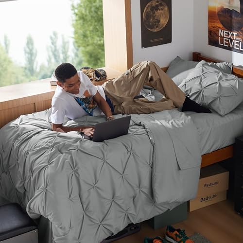 Bedsure Queen Comforter Set Baby Pea Green   Bed in a Bag Queen Size Bedding 7 Pieces  GentleSoft  Pintuck Bed Set Gift for Family  Pinch Pleat All Season Comforter with Sheets  Pillowcases & Shams