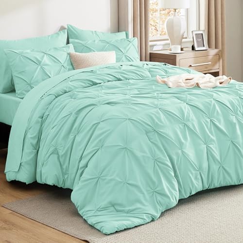 Bedsure Queen Comforter Set Baby Pea Green   Bed in a Bag Queen Size Bedding 7 Pieces  GentleSoft  Pintuck Bed Set Gift for Family  Pinch Pleat All Season Comforter with Sheets  Pillowcases & Shams