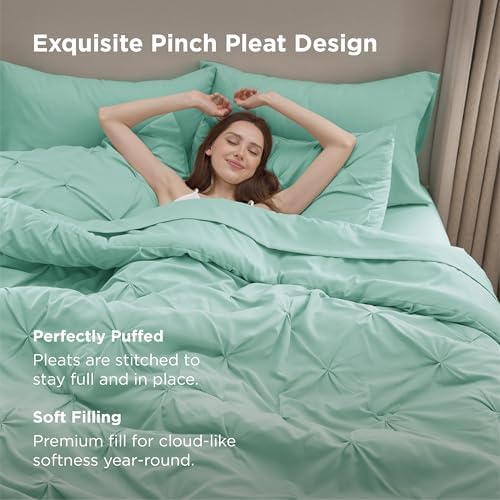 Bedsure Queen Comforter Set Baby Pea Green   Bed in a Bag Queen Size Bedding 7 Pieces  GentleSoft  Pintuck Bed Set Gift for Family  Pinch Pleat All Season Comforter with Sheets  Pillowcases & Shams