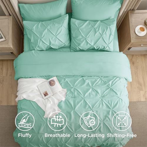 Bedsure Queen Comforter Set Baby Pea Green   Bed in a Bag Queen Size Bedding 7 Pieces  GentleSoft  Pintuck Bed Set Gift for Family  Pinch Pleat All Season Comforter with Sheets  Pillowcases & Shams