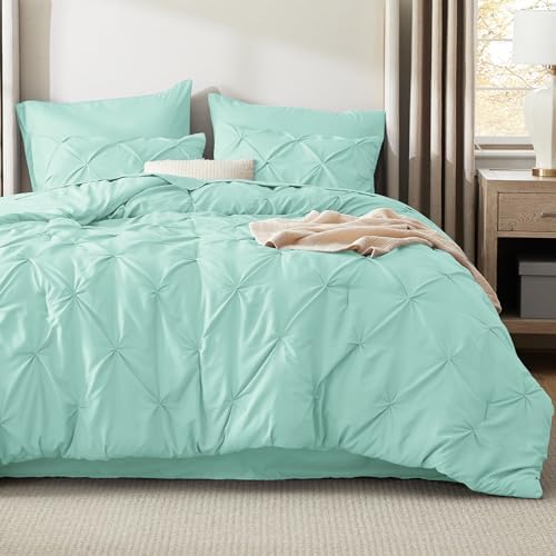 Bedsure Queen Comforter Set Baby Pea Green   Bed in a Bag Queen Size Bedding 7 Pieces  GentleSoft  Pintuck Bed Set Gift for Family  Pinch Pleat All Season Comforter with Sheets  Pillowcases & Shams