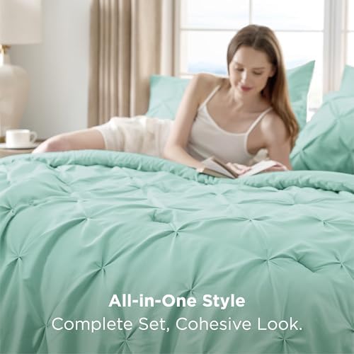 Bedsure Queen Comforter Set Baby Pea Green   Bed in a Bag Queen Size Bedding 7 Pieces  GentleSoft  Pintuck Bed Set Gift for Family  Pinch Pleat All Season Comforter with Sheets  Pillowcases & Shams