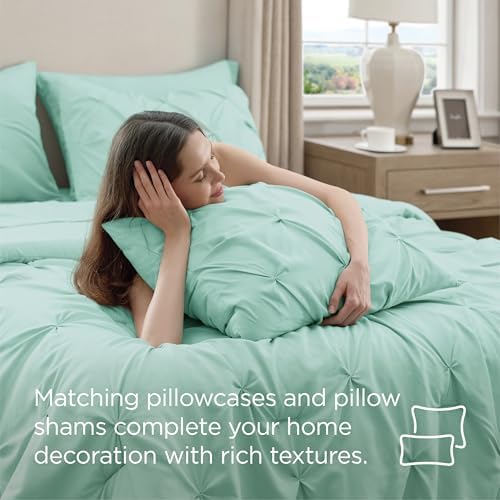 Bedsure Queen Comforter Set Baby Pea Green   Bed in a Bag Queen Size Bedding 7 Pieces  GentleSoft  Pintuck Bed Set Gift for Family  Pinch Pleat All Season Comforter with Sheets  Pillowcases & Shams