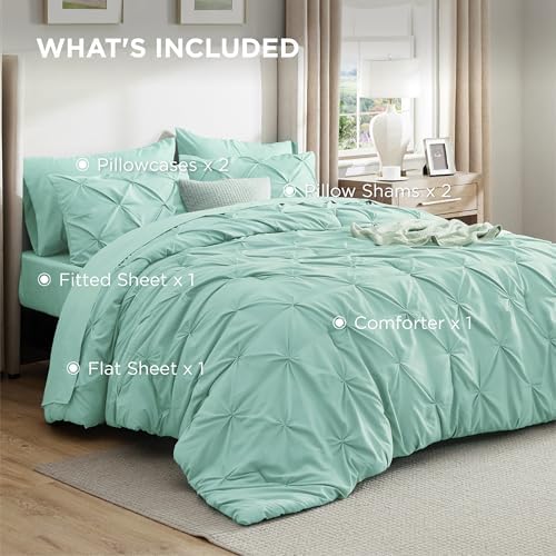 Bedsure Queen Comforter Set Baby Pea Green   Bed in a Bag Queen Size Bedding 7 Pieces  GentleSoft  Pintuck Bed Set Gift for Family  Pinch Pleat All Season Comforter with Sheets  Pillowcases & Shams