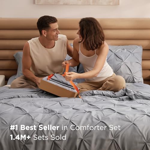 Bedsure Queen Comforter Set Baby Pea Green   Bed in a Bag Queen Size Bedding 7 Pieces  GentleSoft  Pintuck Bed Set Gift for Family  Pinch Pleat All Season Comforter with Sheets  Pillowcases & Shams