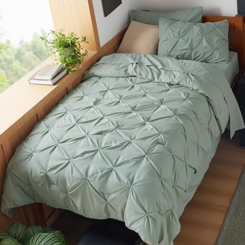 Bedsure Queen Comforter Set Baby Pea Green   Bed in a Bag Queen Size Bedding 7 Pieces  GentleSoft  Pintuck Bed Set Gift for Family  Pinch Pleat All Season Comforter with Sheets  Pillowcases & Shams