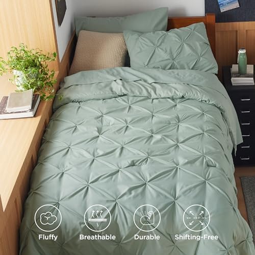 Bedsure Queen Comforter Set Baby Pea Green   Bed in a Bag Queen Size Bedding 7 Pieces  GentleSoft  Pintuck Bed Set Gift for Family  Pinch Pleat All Season Comforter with Sheets  Pillowcases & Shams