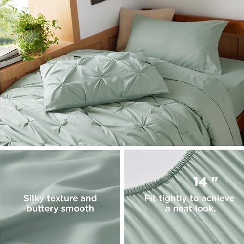 Bedsure Queen Comforter Set Baby Pea Green   Bed in a Bag Queen Size Bedding 7 Pieces  GentleSoft  Pintuck Bed Set Gift for Family  Pinch Pleat All Season Comforter with Sheets  Pillowcases & Shams