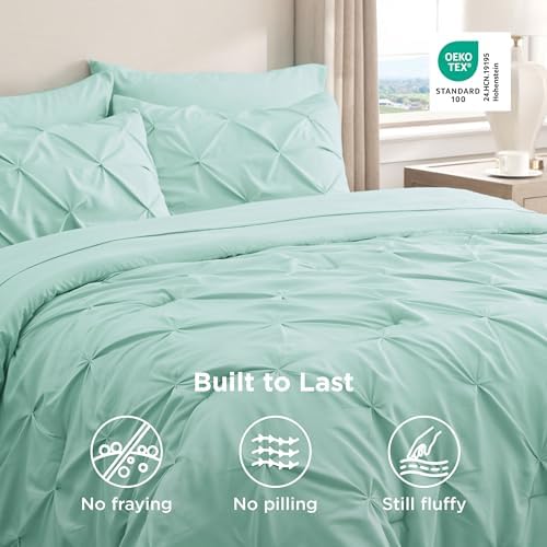 Bedsure Queen Comforter Set Baby Pea Green   Bed in a Bag Queen Size Bedding 7 Pieces  GentleSoft  Pintuck Bed Set Gift for Family  Pinch Pleat All Season Comforter with Sheets  Pillowcases & Shams