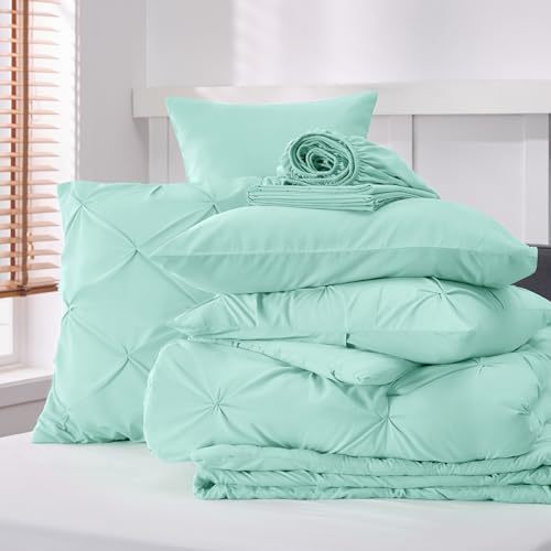 Bedsure Queen Comforter Set Baby Pea Green   Bed in a Bag Queen Size Bedding 7 Pieces  GentleSoft  Pintuck Bed Set Gift for Family  Pinch Pleat All Season Comforter with Sheets  Pillowcases & Shams