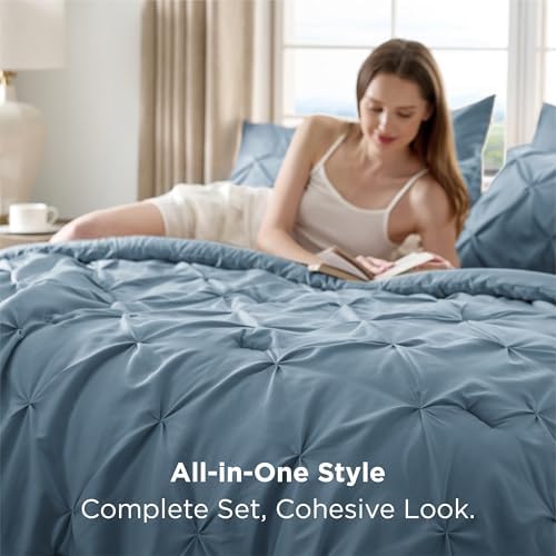 Bedsure Queen Comforter Set Baby Pea Green   Bed in a Bag Queen Size Bedding 7 Pieces  GentleSoft  Pintuck Bed Set Gift for Family  Pinch Pleat All Season Comforter with Sheets  Pillowcases & Shams