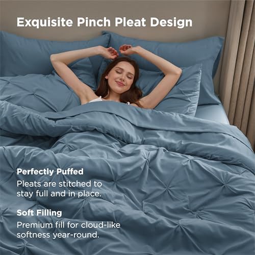 Bedsure Queen Comforter Set Baby Pea Green   Bed in a Bag Queen Size Bedding 7 Pieces  GentleSoft  Pintuck Bed Set Gift for Family  Pinch Pleat All Season Comforter with Sheets  Pillowcases & Shams