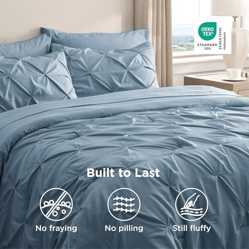 Bedsure Queen Comforter Set Baby Pea Green   Bed in a Bag Queen Size Bedding 7 Pieces  GentleSoft  Pintuck Bed Set Gift for Family  Pinch Pleat All Season Comforter with Sheets  Pillowcases & Shams