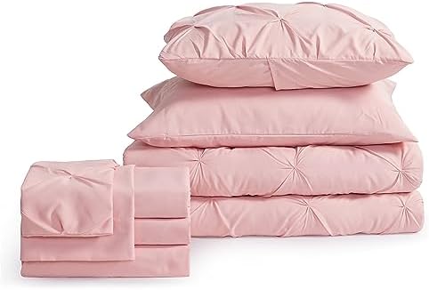 Bedsure Queen Comforter Set Baby Pea Green   Bed in a Bag Queen Size Bedding 7 Pieces  GentleSoft  Pintuck Bed Set Gift for Family  Pinch Pleat All Season Comforter with Sheets  Pillowcases & Shams