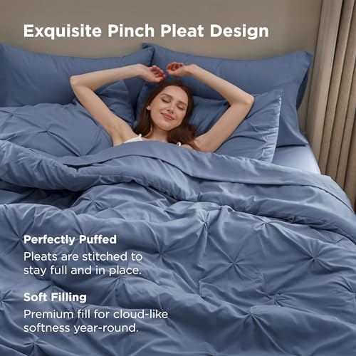 Bedsure Queen Comforter Set Baby Pea Green   Bed in a Bag Queen Size Bedding 7 Pieces  GentleSoft  Pintuck Bed Set Gift for Family  Pinch Pleat All Season Comforter with Sheets  Pillowcases & Shams