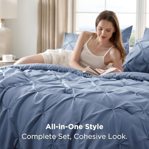 Bedsure Queen Comforter Set Baby Pea Green   Bed in a Bag Queen Size Bedding 7 Pieces  GentleSoft  Pintuck Bed Set Gift for Family  Pinch Pleat All Season Comforter with Sheets  Pillowcases & Shams